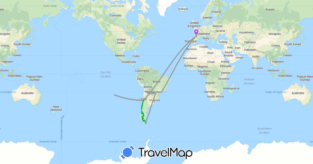 TravelMap itinerary: driving, bus, plane, train, boat in Argentina, Brazil, Chile, France (Europe, South America)